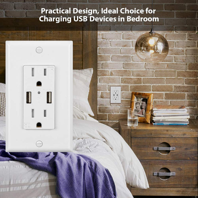 J&D 4.2A USB Wall Outlet Charger, 2 Packs White USB Charger in-Wall Outlet ETL List High Speed Dual USB Charging Ports with 15A TR Tamper-Resistant Duplex Receptacle 2 Pack