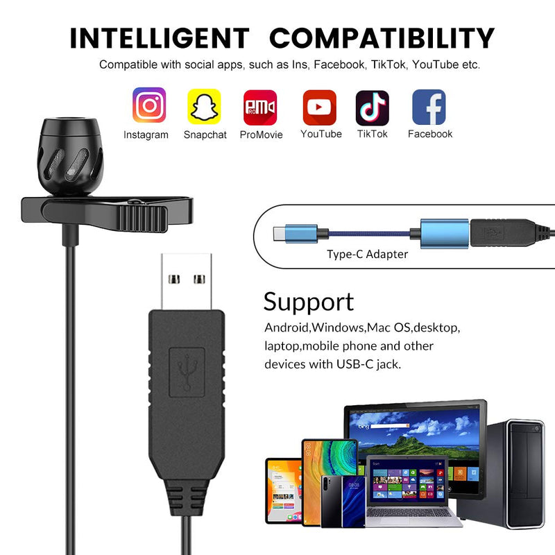 Professional Lavalier Lapel Microphone Clip-on USB Computer Microphone Plug & Play Omnidirectional Condenser Mic for PC, Laptop, Mac, Recording Mic for YouTube,Interview, Studio, Video