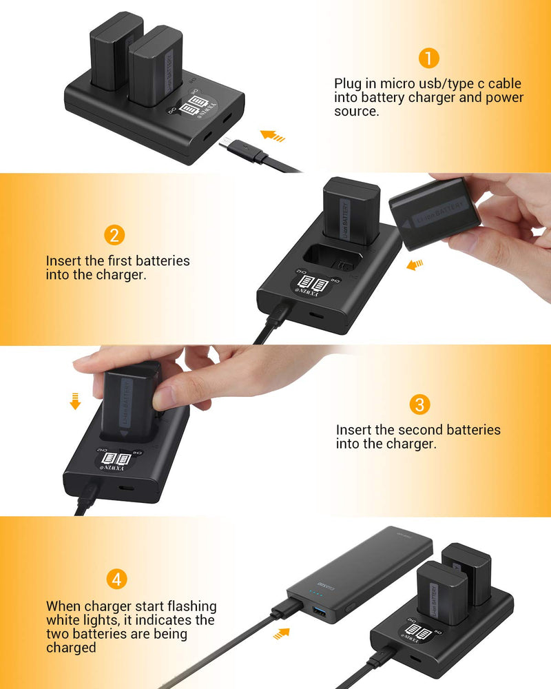 NP-FW50 YXwin Camera Battery Charger Set and Batteries for Sony A6000, A6500, A6300, A7, A7II, A7RII, A7SII, A7S, A7S2, A7R, A7R2, A5100, RX10 Accessories (2-Pack, USB C & Micro USB Ports, 1200mAh)