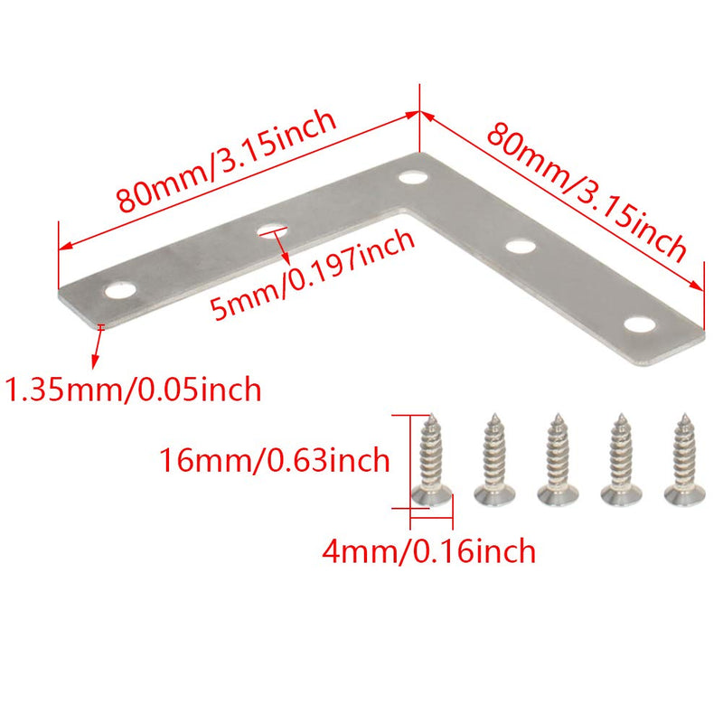 MroMax 5PCS L-Shaped Right Angle Bracket (L x W) Stainless Steel Right Angle Bracket Fastener Silver