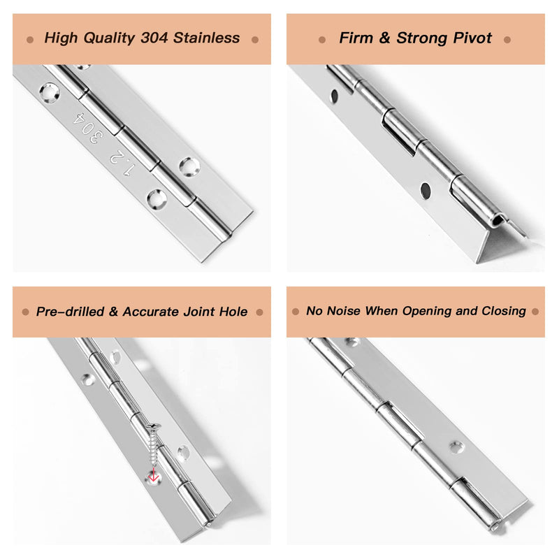 2 PCS 12 Inch Stainless Steel 304 Piano Hinge, JANNO 0.047 Inch Thickness Heavy Duty Continuous Folding Hinge, High Polished Surface Hinge for Doors, Cabinet, Boxes, Home, Kitchen and DIY Wood Craft