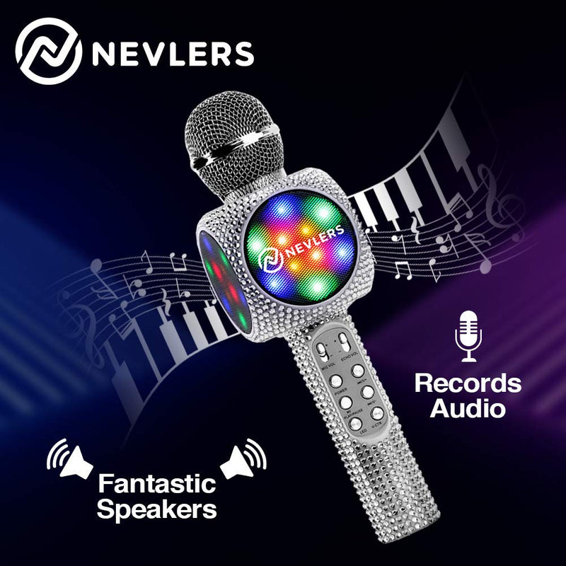[AUSTRALIA] - NEVLERS Karaoke Microphone with Wireless Bluetooth Speaker, Voice Changer and Colorful LED Lights, Easy To Use Portable Karaoke Machine for Kids and Adults - SILVER BLING 
