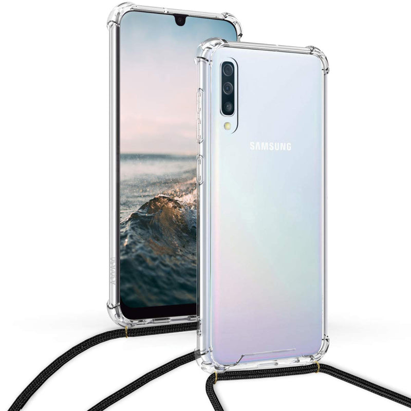 kwmobile Crossbody Case Compatible with Samsung Galaxy A50 - Case Clear TPU Phone Cover w/Lanyard Cord Strap - Transparent/Black transparent / black