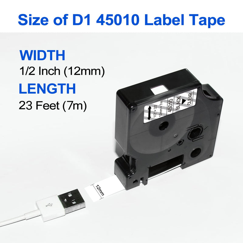 D1 Label 45010 Replacement for Dymo D1 Label Tape Refill 45010 S0720500, 1/2 in x 23 Ft Black on Clear Label Maker Tape for LabelManager 160 210D 260P 450D, 4 Packs Black on Clear-4p