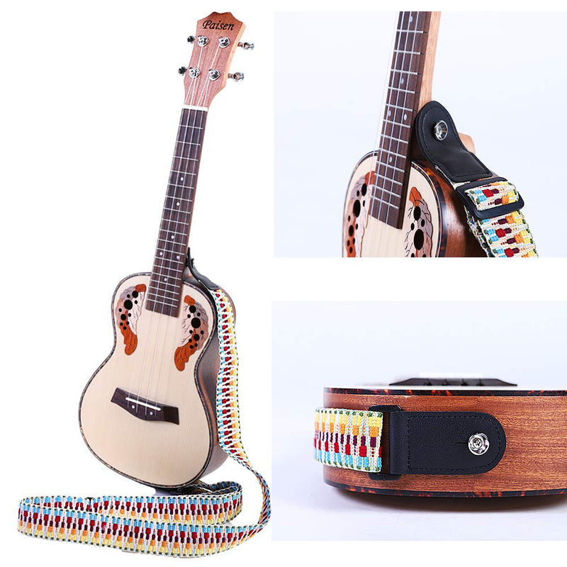 Paisen Rainbow Ukulele Strap Knitting Cotton Belt and Microfiber Leather Heads With 2 Strap Buttons For for Ukulele or Small Size Guitar, 4 cm Wideth, Adjustable Length from 83 cm to 147cm Colorful strap 1