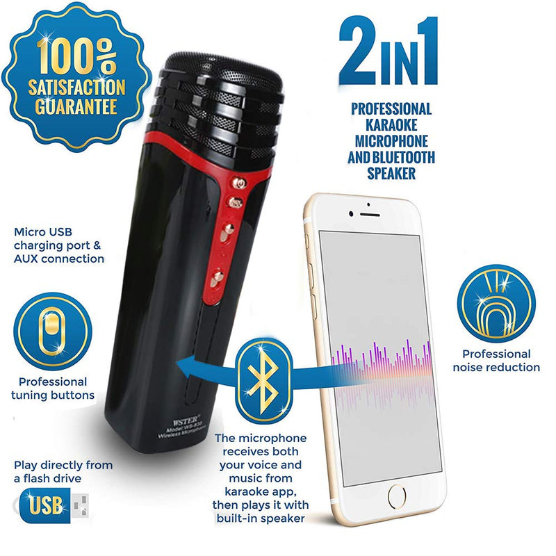 3-in-1 Karaoke Wireless Bluetooth Microphone & Speaker, Portable Handheld Voice Changer Karaoke Mic Home Party Birthday Speaker Machine Compatible w/Smartphone/Android/Tablet/PC (Jet Black)