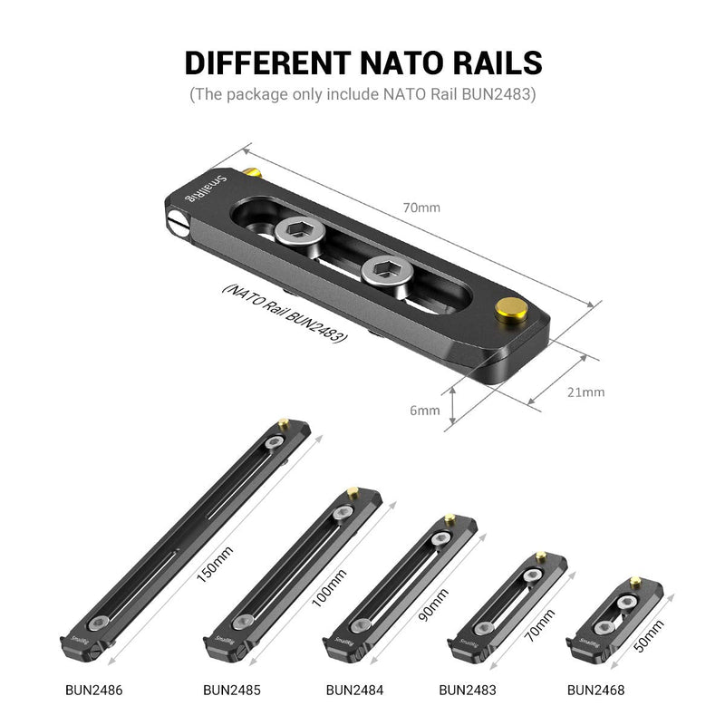 SMALLRIG Universal Low-Profile Quick Release NATO Rail Safety Rail 70mm/2.8inches Long with 1/4'' Screws for NATO Handle Camera Cage EVF Mount – BUN2483 70 mm