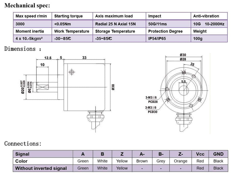 38mm Outer Diameter 6mm Solid Shaft Rotary Encoder 1000PPR 5V Line driver TTL Line driver with 5V