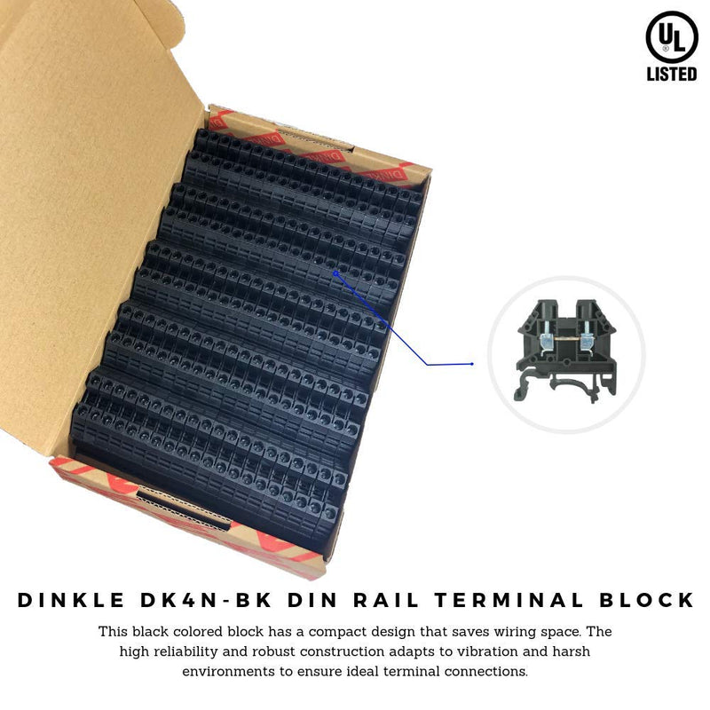 [AUSTRALIA] - Dinkle DK4N-BK DIN Rail Terminal Block Screw Type UL 600V 30A 10-22AWG, Pack of 100 