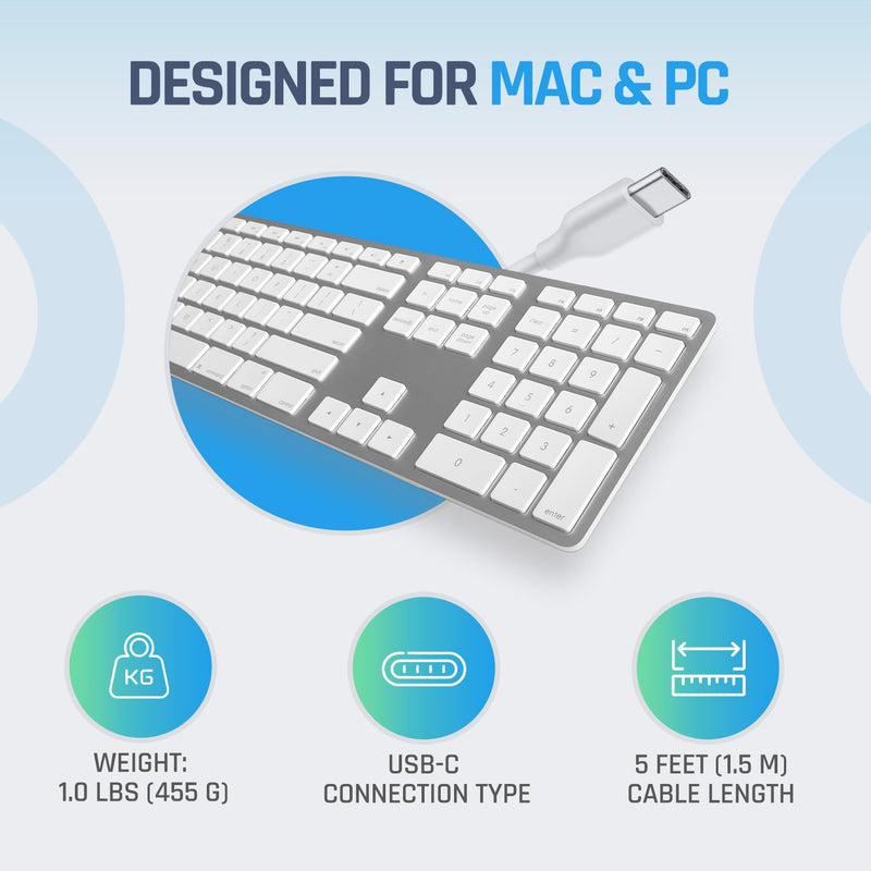 Matias Wired USB C Keyboard for Mac with Numeric Keypad - Mac Keyboard Compatible with Mac OS X v.10.6.8, MacBook Pro, MacBook Air, iMac - Latest Version Supported - (Silver) Silver