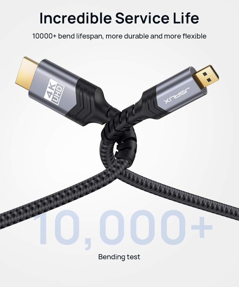 4K Micro HDMI to HDMI Cable 10 FT, JSAUX Micro HDMI to Standard HDMI Cord Braided Support 4k 60Hz HDR 3D ARC 18Gbps Compatible with Sony A6000 A6300 Camera, Lenovo Yoga and More (Grey) 10FT