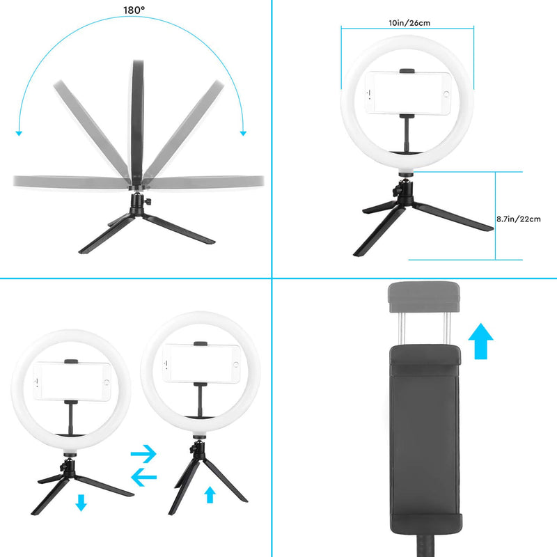 LED Ring Light 10 Inch - Dimmable Desk Makeup Ring Light for Photography, Shooting with 3 Light Modes & 10 Brightness Level with Tripod Stand, Ball Head & Phone Holder for Live Streaming&YouTube Video 10 Inch KIT