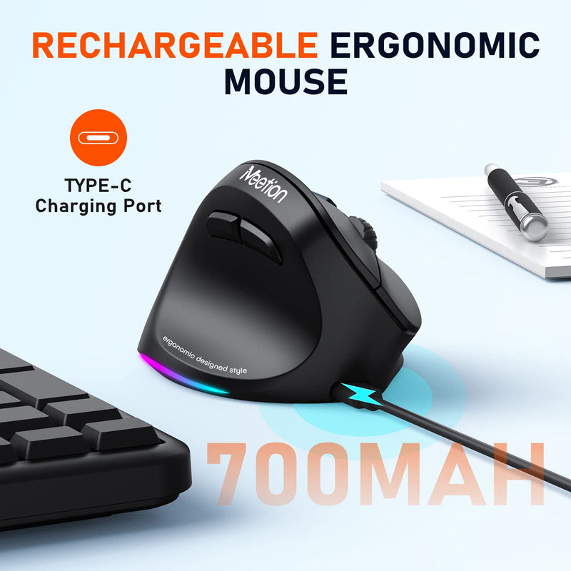 MEETION Left-Handed Mouse, Ergonomic Mouse Wireless Vertical Mouse, RGB Rechargeable Mice for Bluetooth(5.2 + 3.0) & USB-A with Type-c Adapter 4 Adjustable DPI for Mac/Windows/Andriod/PC/Tablet/iPad Black