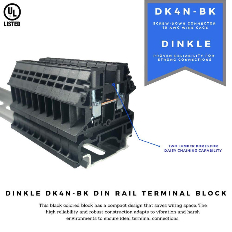 [AUSTRALIA] - Dinkle DK4N-BK DIN Rail Terminal Block Screw Type UL 600V 30A 10-22AWG, Pack of 100 