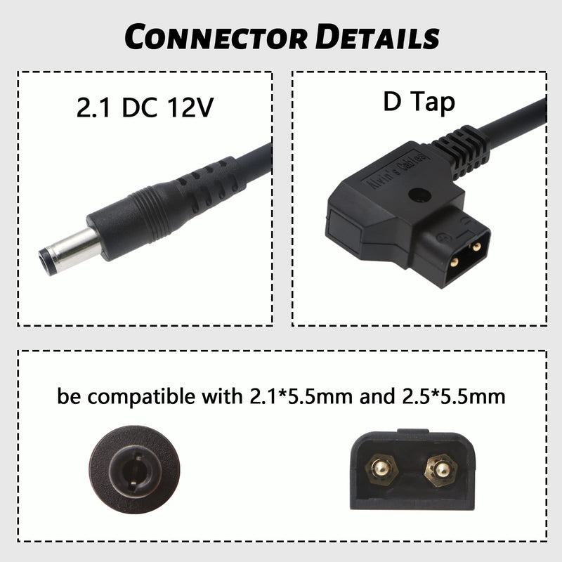 Alvin's Cables Power Tap D Tap to 2.1 DC 12v Cable for KiPRO LCD Monitors 24inches Straight Cable Straight DC Connector