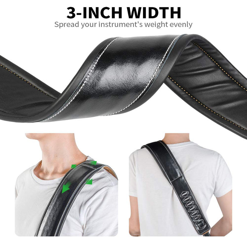 [AUSTRALIA] - Guitar Strap Leather 3 Inch Wide Full Grain Padded Soft Leather Strap for Acoustic, Electric and Bass Guitars (Black) Black 
