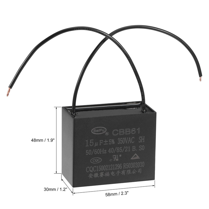 uxcell Ceiling Fan Capacitor CBB61 15uF 350V AC 2 Wires Metallized Polypropylene Film Capacitor 58x48x30mm for Electric Fan Pump Motor Generator 2Pcs