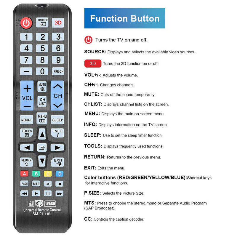 Gvirtue Universal Replacement Remote Control Compatible for Samsung HDTV-3D-LCD-LED TV, Applicable BN59-01199F BN59-01178W BN59-01301A BN59-01289A AA59-00600A AA59-00666A AA59-00594A AA59-00582A