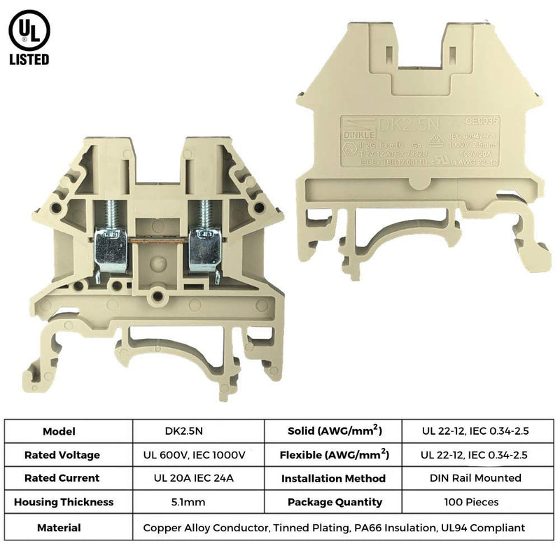 [AUSTRALIA] - Dinkle DK2.5N DIN Rail Terminal Block Screw Type UL 600V 20A 12-22AWG, Pack of 100 