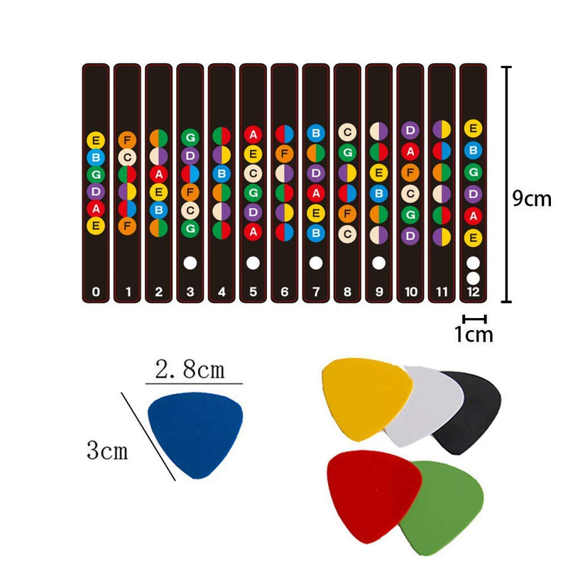 3Pcs Guitar Fretboard Stickers and 10Pcs Guitar Picks, 6 Strings Acoustic Guitar Fingerboard Frets Note Decal Stickers for Learning Beginner