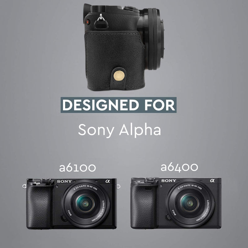 MegaGear Ever Ready Genuine Leather Camera Half Case Compatible with Sony Alpha A6100, A6400 Black