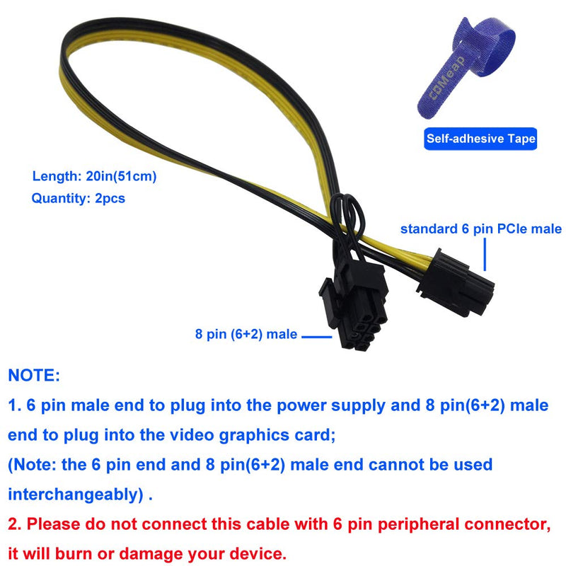 COMeap (2-Pack) 6 Pin Male to 8 Pin (6+2) PCI Express Power Adapter Cable for CoolerMaster and Thermaltake Power Supply with 6 Pin Port 20-inch (51cm) 6 Pin to 8 Pin 20-in