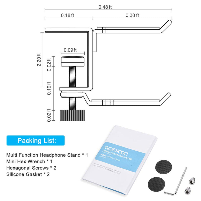 aceyoon Dual Headphone Hanger Under Desk Double Headphone Stand with Clamp Aluminum 360 Degree Gaming Headset Holder Universal Headphone Mount Suitable PC Earphones
