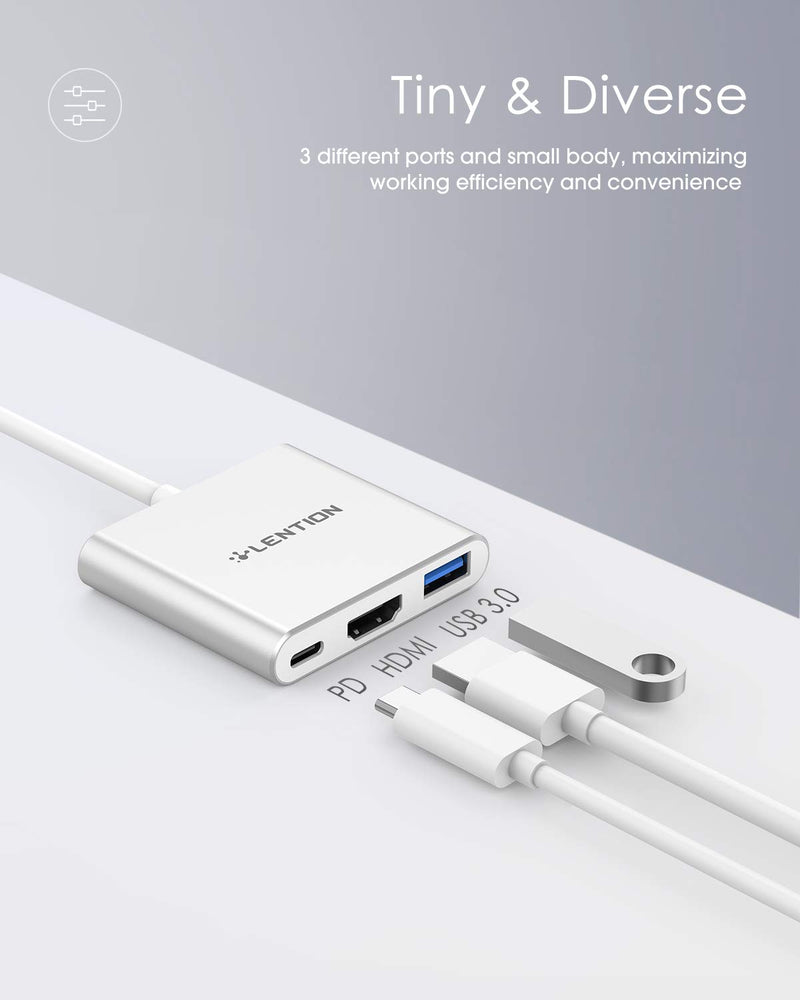 LENTION 3-in-1 USB C Hub with 100W Type C Power Delivery, USB 3.0 & 4K HDMI Adapter Compatible 2021-2016 MacBook Pro 13/15/16, New Mac Air/Surface, More, Stable Driver Certified (CB-C14, Silver)