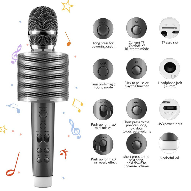 [AUSTRALIA] - BLAVOR Bluetooth Karaoke Microphone Wireless for Kids Adults, Magic Sing Portable Handheld Speaker Machine with LED Lights Home Party Birthday Toys for 4 5 6 7 8 9 10 11 12 Year Old Girls Boys(Gray) Gray 