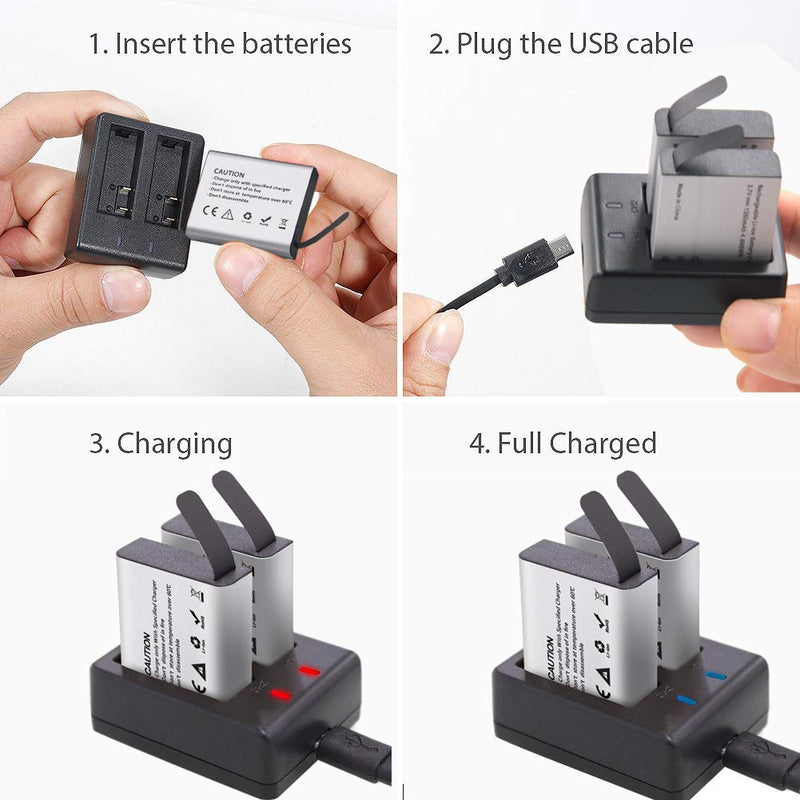 1350mAh Action Camera Rechargeable Batteries (2-Pack) with Dual USB Charger,for AKASO Brave 4/V50X, Dragon Touch, Crosstour CT8500, Campark X30, APEMAN A100/A77, PG900/PG1050 and More