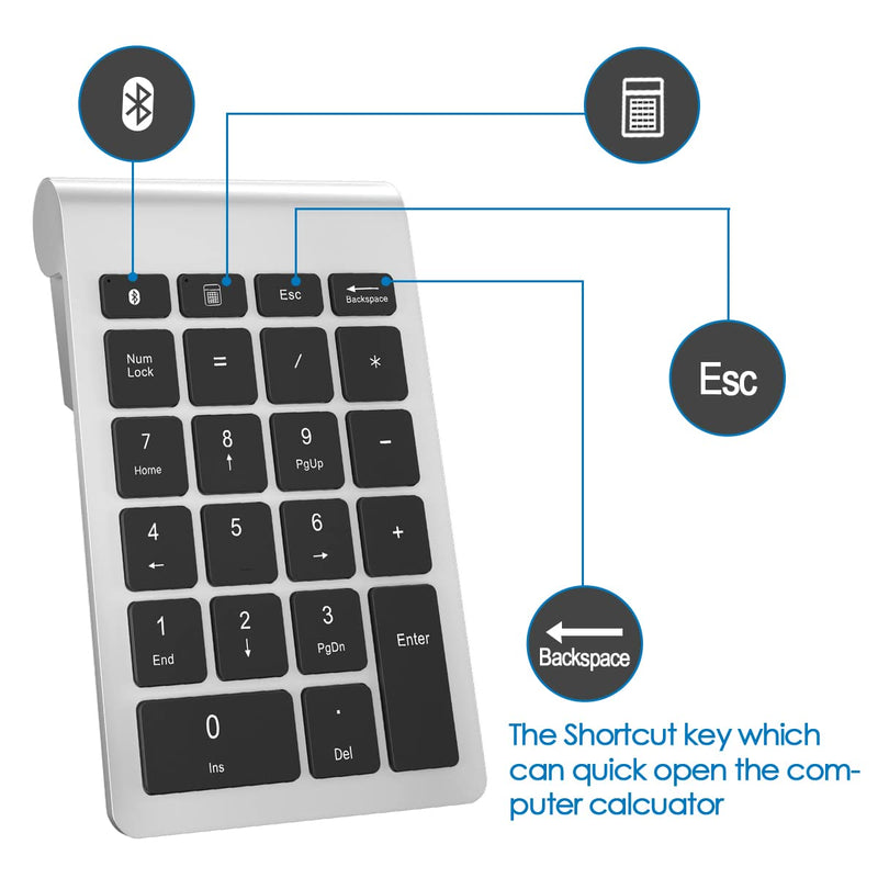 Foloda Bluetooth Number Pads for Laptop: 22 Keys Wireless Financial Accounting Numeric Keypad, External 10 Keys Numpad Keyboard for Computer Surface Pro Notebook,Desktop Silver Black