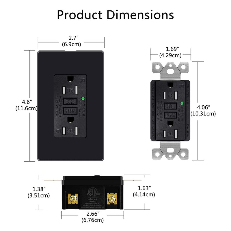 NineLeaf 2 Pack 15Amp GFCI Outlet Receptacles, Tamper-Resistant (TR) Weather-Resistant (WR) with LED Indicator,Decorative Wall Plates and Screws Included, ETL Certified, Black 15A