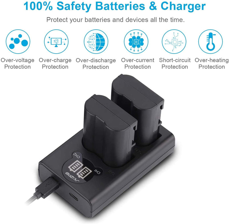 JYJZPB EN-EL15 EL15a EL15b Replacement Batteries (2 Pack 2200mAh) and LCD Dual Battery Charger for Nikon Camera D750, Z6, Z7,D500, D600, D610, D800, D810, D810a, D850, D7100