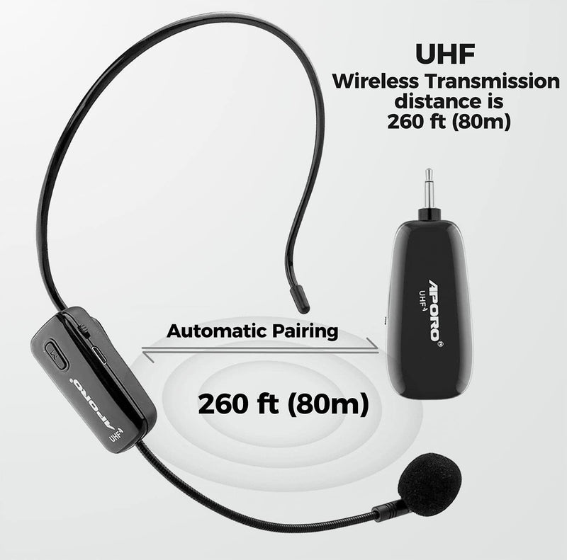 UHF Wireless Microphone Headset, Wireless Transmission Headband Mic with Rechargeable Transmitter and 3.5 mm Receiver for Voice Amplifier, Speaker, Teaching and more