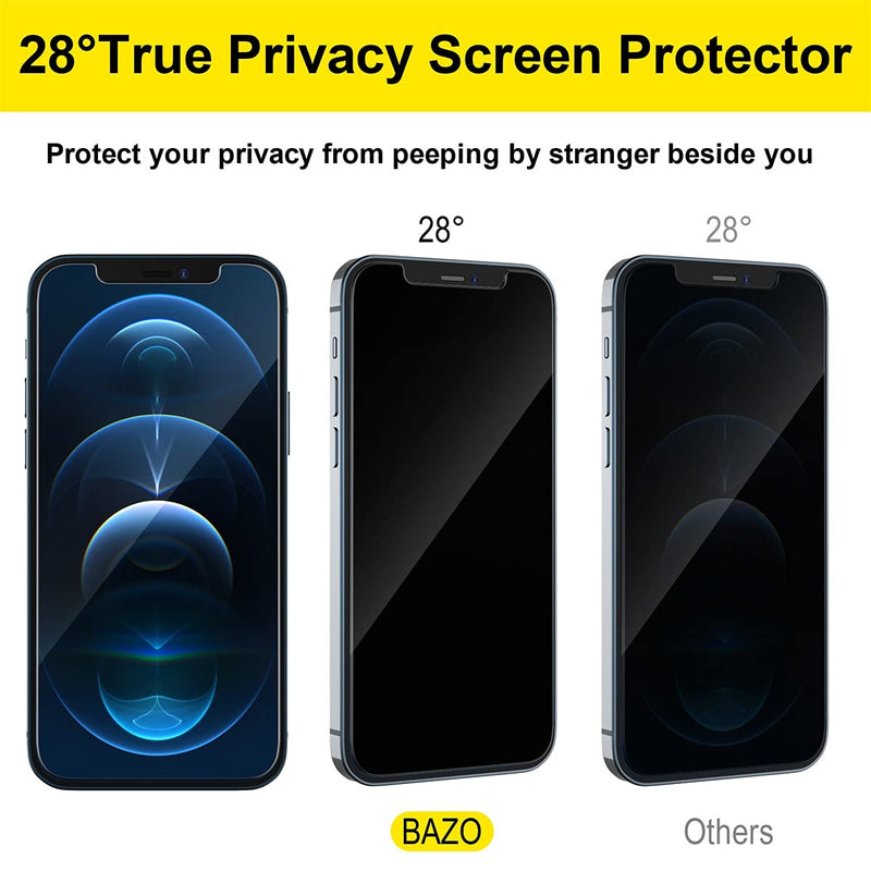 [2+2 Pack] BAZO Compatible for iPhone 12 Pro Max 6.7 Inch - Privacy Screen Protector and Camera Lens Protector with Easy Installation Frame - Anti Glare 9H Hardness Tempered Glass Film [Case Friendly]