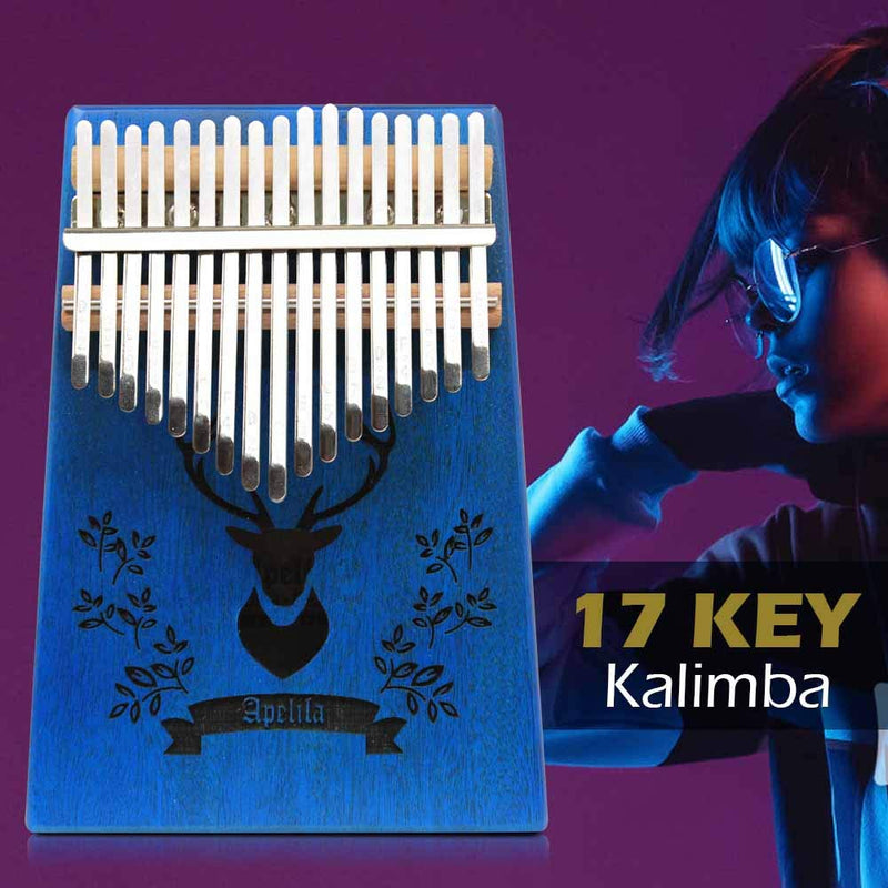 Apelila 17 Key Kalimba Thumb Piano, Solid Mahogany Wood Body Finger Piano with Tune Hammer,Carry Bag,Pickup,Key Stickers (Blue Deer) Blue Deer