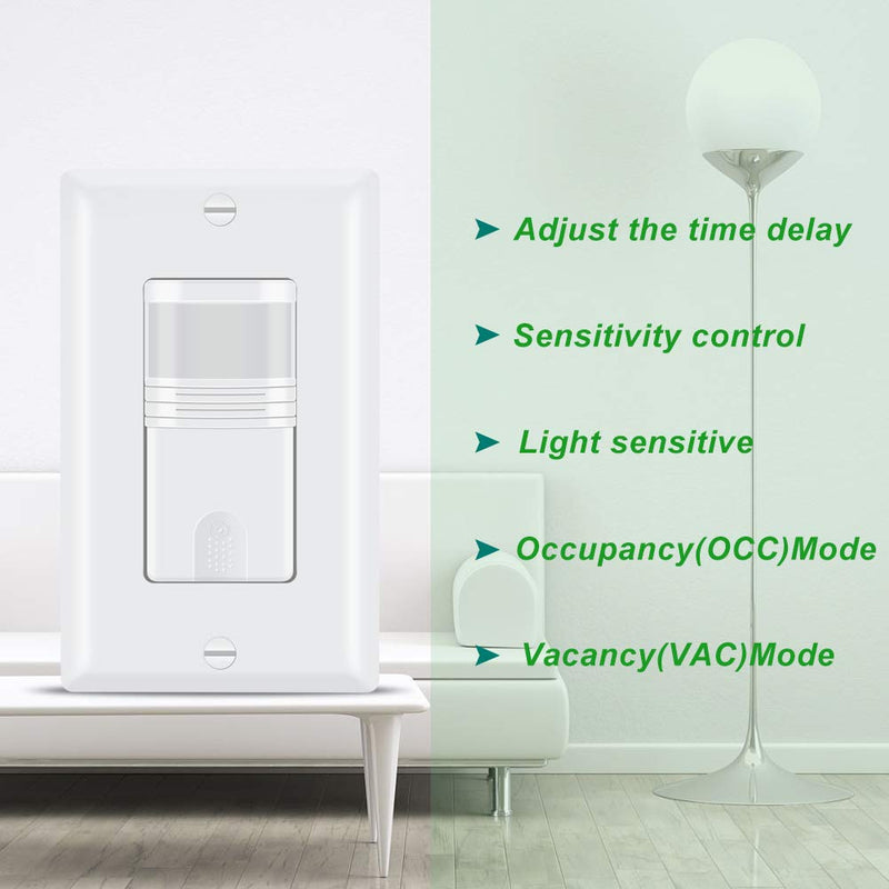 ECOELER Motion Sensor Light Switch, Single Pole in-Wall PIR Infrared Motion Activated Wall Switch, Neutral Wire Required, Vacancy & Occupancy Mode Available, Title 24, UL Certified, White 4Pack 4