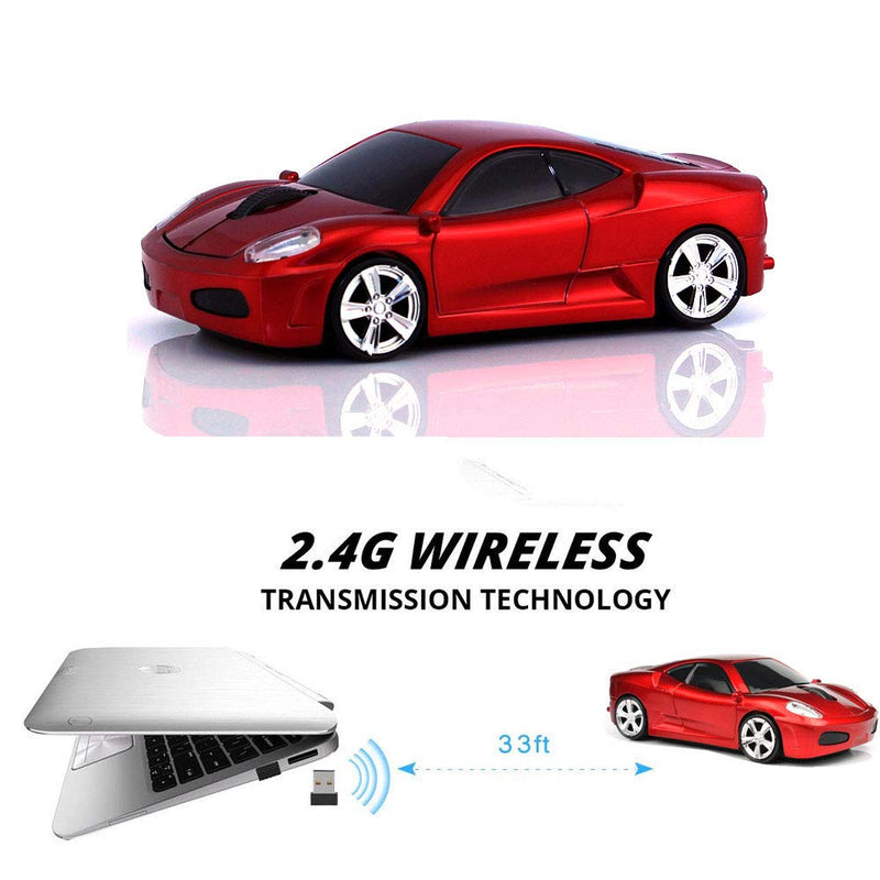Jinfili Sleep Sport Car Shaped Wireless Computer Mouse Ergonomic Gaming Optical Mouse USB 2.4G Mini Receiver Office Accessories for PC Windows Laptop Notebook Mac Red