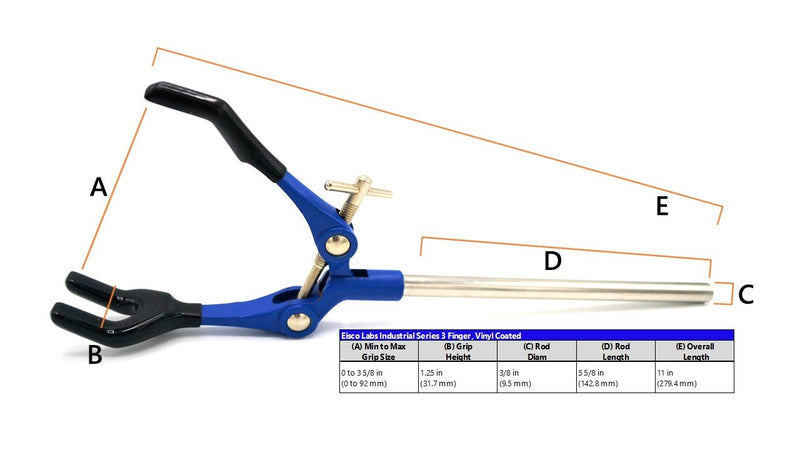 3 Finger, Vinyl Coated Extension Clamp on Stainless Steel Rod - 3.4" Max Clamp Opening, 5.5" Connecting Rod - Zinc Alloy Construction - Research, Industrial Laboratory Grade - Eisco Labs