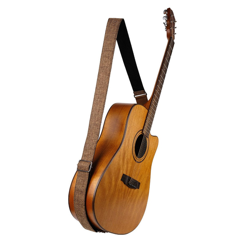 Guitar Strap with Leather Ends and Pick Pocket for Electric Bass Guitar and Ukulele Acoustic Linen Style 2" Width, with Free Picks and Strap Saver Blocks (Linen Brown)