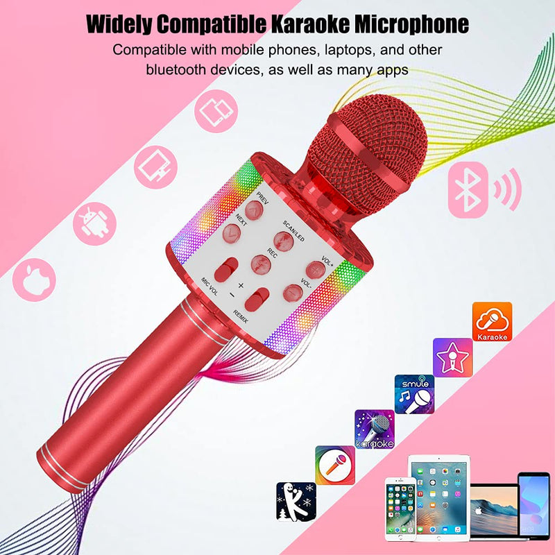 Karaoke Wireless Microphone, Ankuka 4 in 1 Handheld Bluetooth Microphones Speaker Karaoke Machine with Dancing LED Lights, Home KTV Player Compatible with Android & iOS Devices for Party/Kids Singing Red