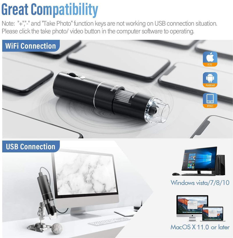 Wireless Digital Microscope, Skybasic 50X-1000X Magnification WiFi Portable Handheld Microscopes with Adjustable Stand HD USB Microscope Camera Compatible with iPhone Android iPad Windows Mac Computer Black
