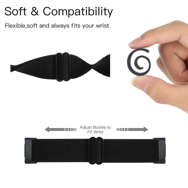 2 Pack Stretchy Solo Loop Compatible with Fitbit Charge 5 Bands, Soft Adjustable Braided Sport Elastic Nylon Wristband Replacement Strap for Charge 5 Advanced Fitness & Health Tracker Black Diamond
