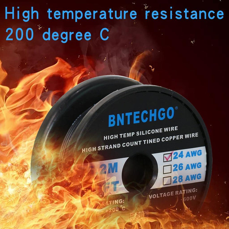 BNTECHGO 24 Gauge Silicone wire spool 250 ft Black Flexible 24 AWG Stranded Tinned Copper Wire silicone wire 250ft Silicone Wire Black