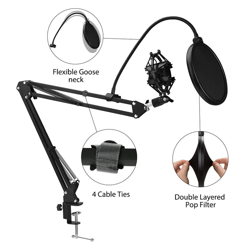 Microphone Stand Set, zootop Mic Boom Stand with Scissor Microphone Stand Shock Mount Mic Pop Filter Screw Adapter Magic Strap Ties for Video Recording Radio Broadcasting