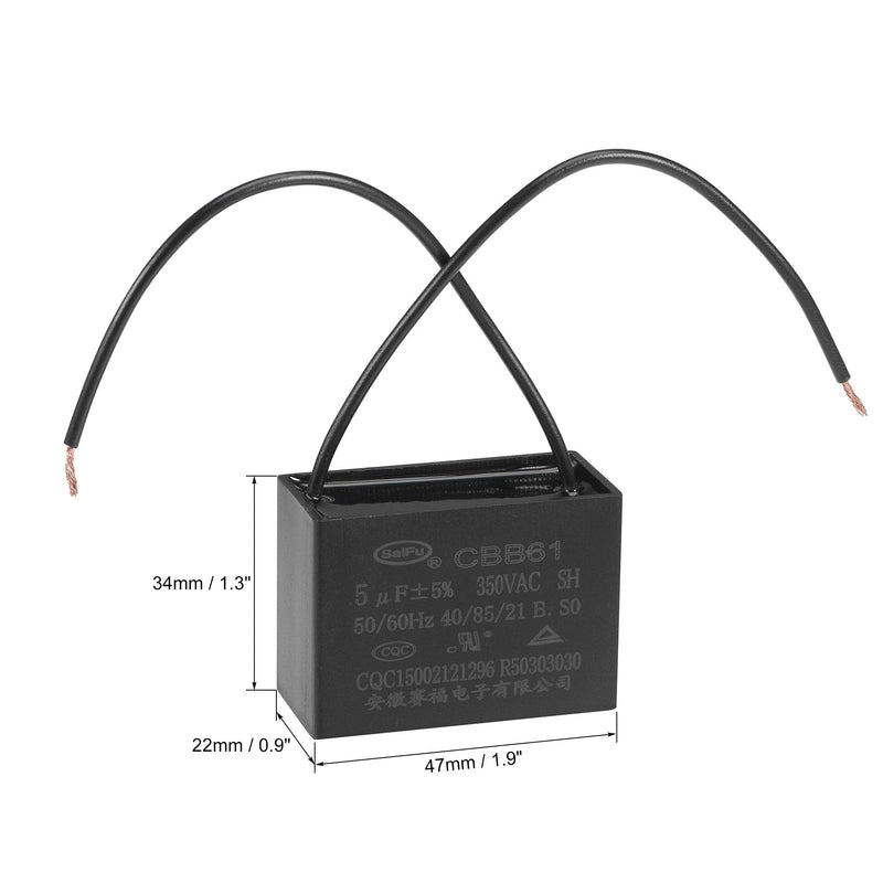 uxcell Ceiling Fan Capacitor CBB61 5uF 350V AC 2 Wires Metallized Polypropylene Film Capacitor 47x34x22mm for Electric Fan Pump Motor Generator 3Pcs