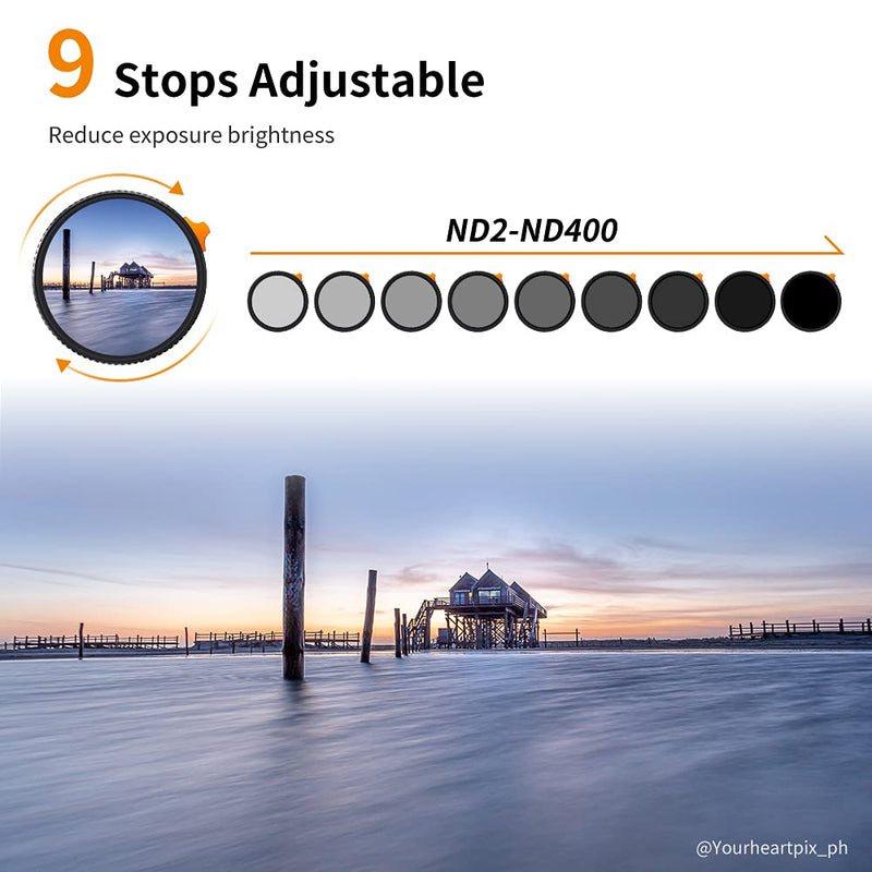 K&F Concept 55mm Variable ND Filter ND2-ND400 (1-9 Stops) with Putter HD 28 Multi-Layer Coatings Import AGC Glass Adjustable Neutral Density Filter for Camera Lens