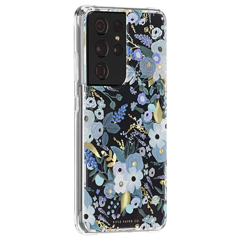Rifle Paper Co - Case for Samsung Galaxy S21 Ultra 5G - 10 ft Drop Protection - Gold Foil Elements - 6.8 inch - Garden Party Blue
