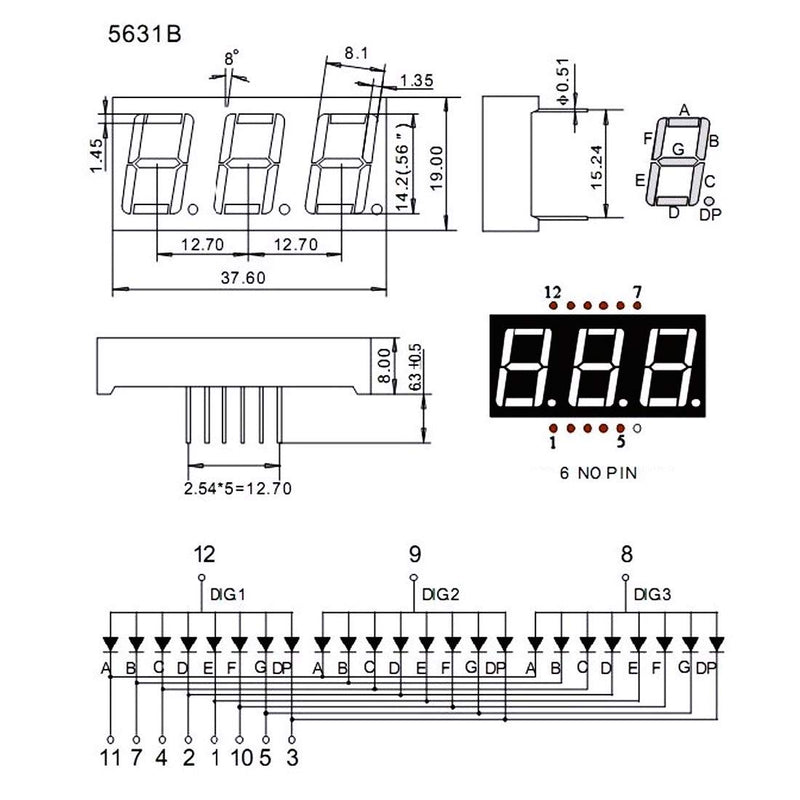 uxcell Common Anode 12 Pin 3 Bit 7 Segment 1.48 x 0.75 x 0.31 Inch 0.55" Blue LED Display Digital Tube 5pcs