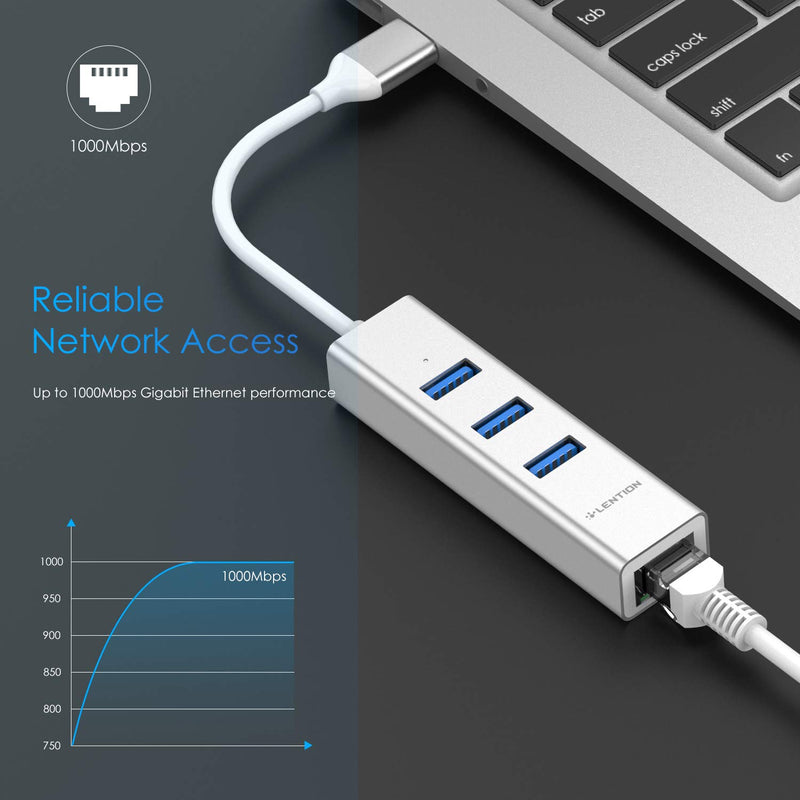 LENTION 3-Port USB 3.0 Hub with Gigabit Ethernet Adapter Compatible MacBook Air/Pro (Previous Generation), iMac, Surface, Chromebook, More Type A Laptops - Ultra Slim (CB-H23s, Silver)